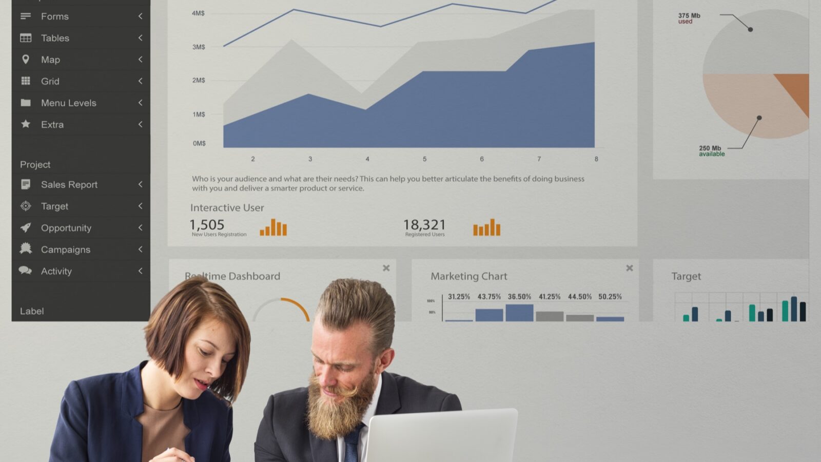 Muškarac i žena sa laptopom i dokumentima analiziraju podatke, iza njih je dashboard sa grafikonima